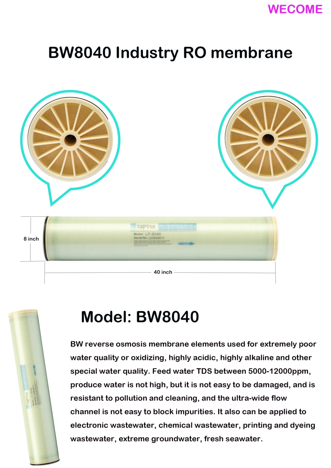 Factory Price 8040 Wecome Commercial RO Membrane Desalination Filter Membrane